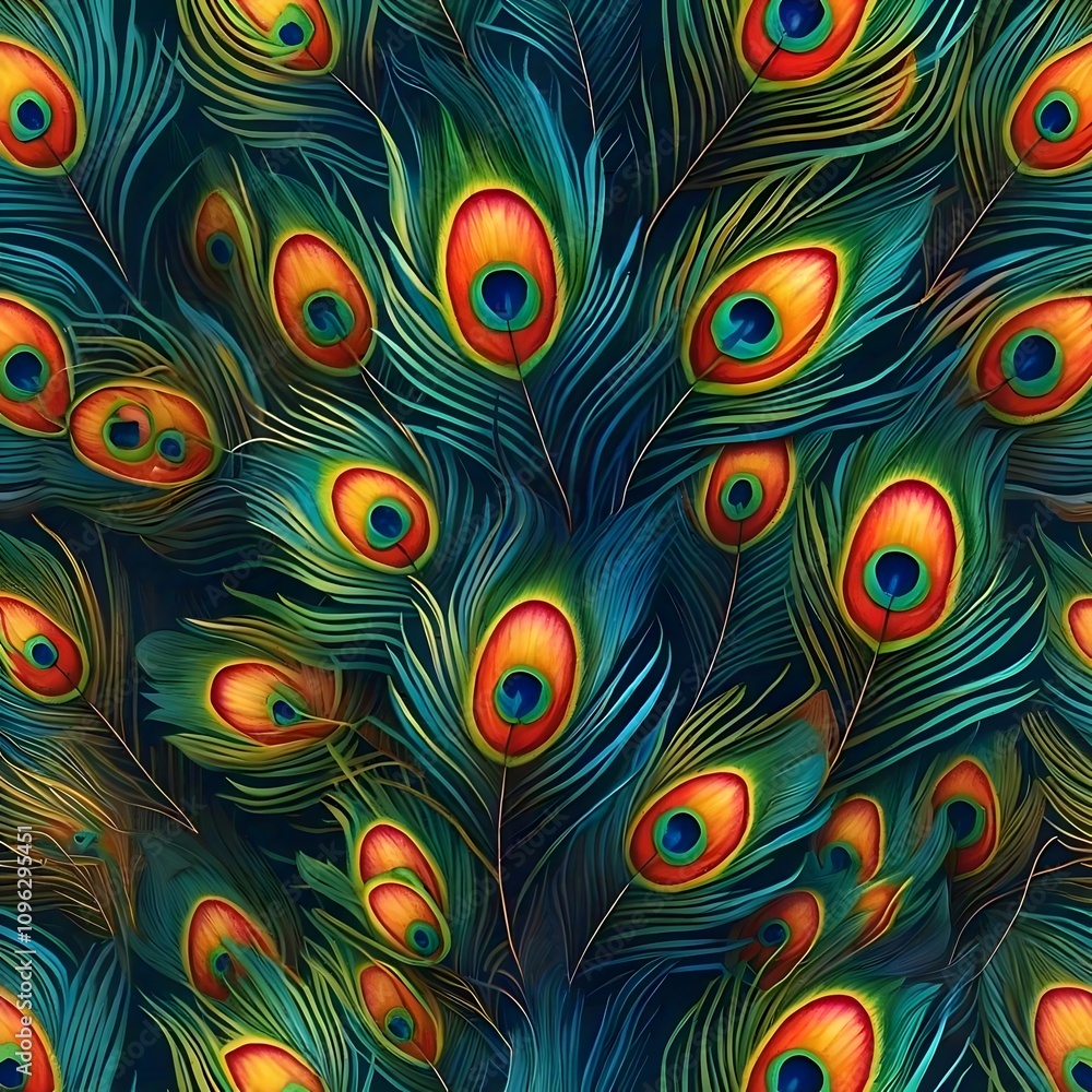 Fototapeta premium Vibrant peacock feathers with striking eye patterns in vivid colors of blue green orange and yellow