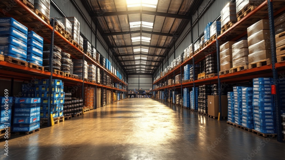Fototapeta premium Vast Warehouse Interior: Rows of Pallets and Boxes, Sunlight Streaming Through the High Roof