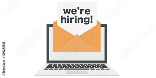 Open envelope with text 'We're hiring!' displayed on a laptop screen.