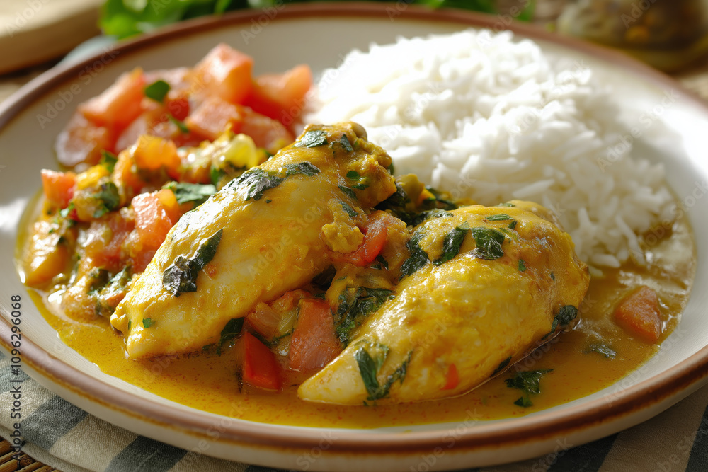 Mauritian Chicken Curry with Rice and Fresh Tomato Garnish Mauritian Chicken Curry with Rice and Fresh Tomato Garnish