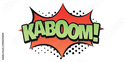 Comic-style text 'KABOOM!' in green letters with red explosion background.
