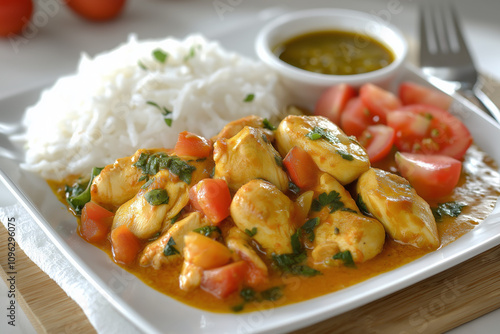 Traditional Mauritian Chicken Curry with Rice and Tomato Salad