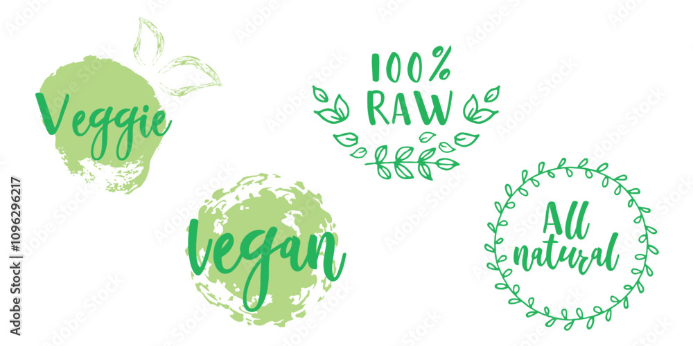 Set of green vegan badges with text 'Veggie,' '100% Raw,' and 'All Natural.' Set of green vegan badges with text 'Veggie,' '100% Raw,' and 'All Natural.'