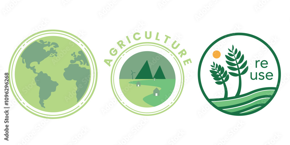 Set of green eco-friendly circular logos with themes of agriculture, sustainability, and reuse. Set of green eco-friendly circular logos with themes of agriculture, sustainability, and reuse.