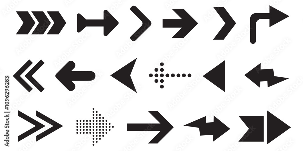 Set of black arrows in various styles including geometric, dotted, and curved. Set of black arrows in various styles including geometric, dotted, and curved.