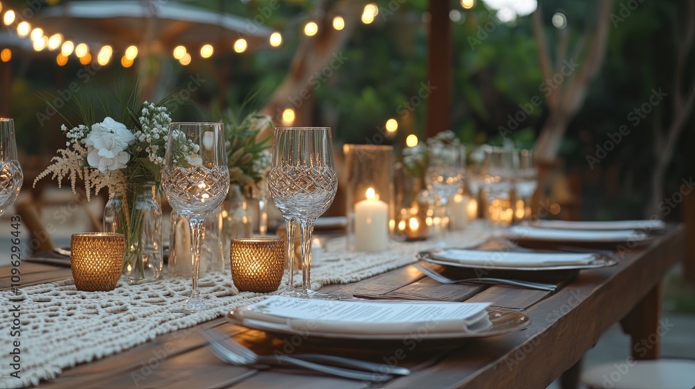 Elegant outdoor dinner setting with ambient lighting garden tablescape evening aesthetic experience Elegant outdoor dinner setting with ambient lighting garden tablescape evening aesthetic experience