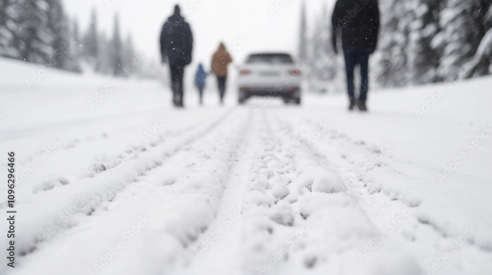 Family taking a walk snowy landscape during the way of winter road trip. Family taking a walk snowy landscape during the way of winter road trip.