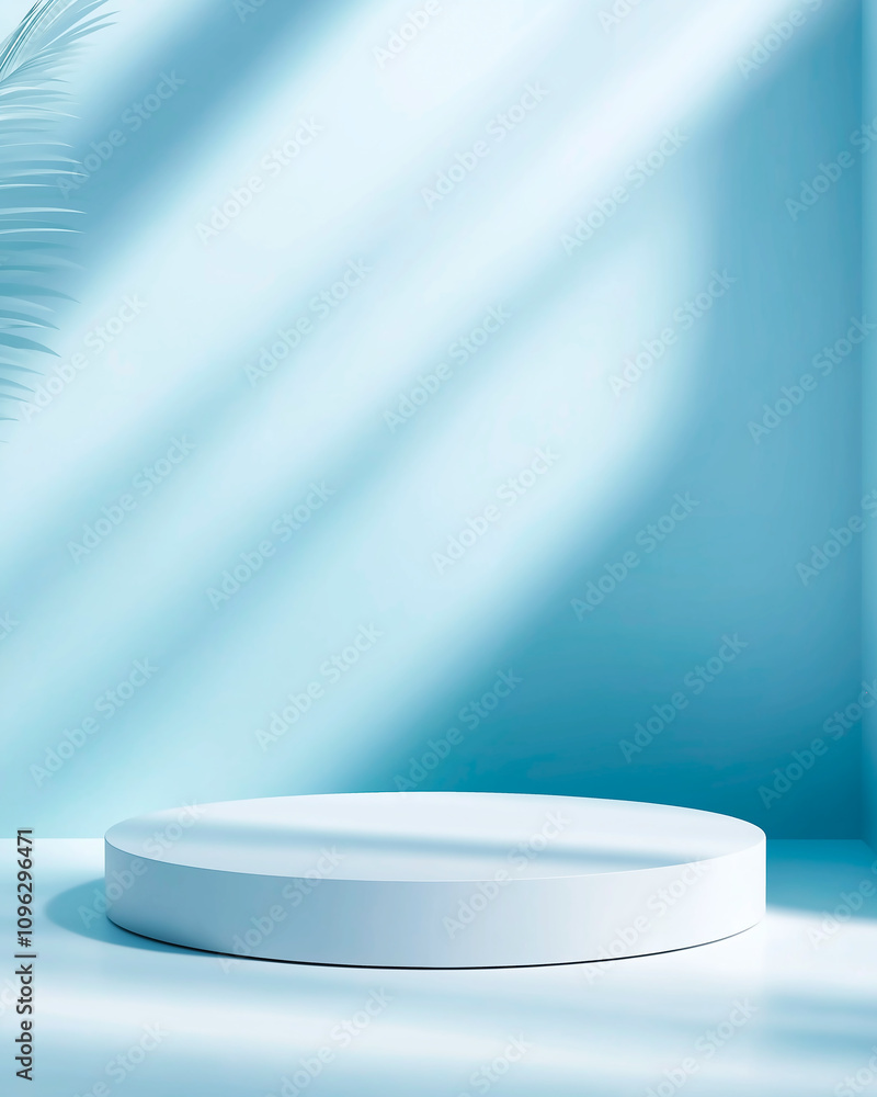 Abstract white 3D room with realistic white cylinder pedestal podium set and palm leaf shadow overlay. Minimal scene for product display presentation. Stage for showcase. Abstract white 3D room with realistic white cylinder pedestal podium set and palm leaf shadow overlay. Minimal scene for product display presentation. Stage for showcase.