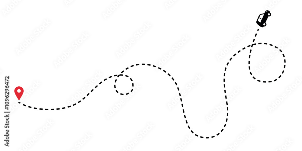 Dotted line path with a car and a red destination marker. Dotted line path with a car and a red destination marker.