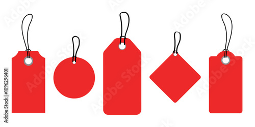 Set of red tags in various shapes with strings. Flat style isolated on white background.