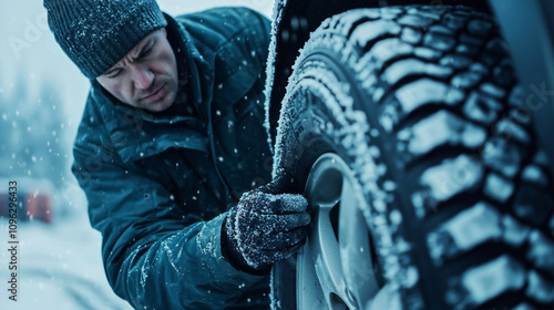 Man servicing a tire during winter snowfall, demonstrating vehicle maintenance skills. photo