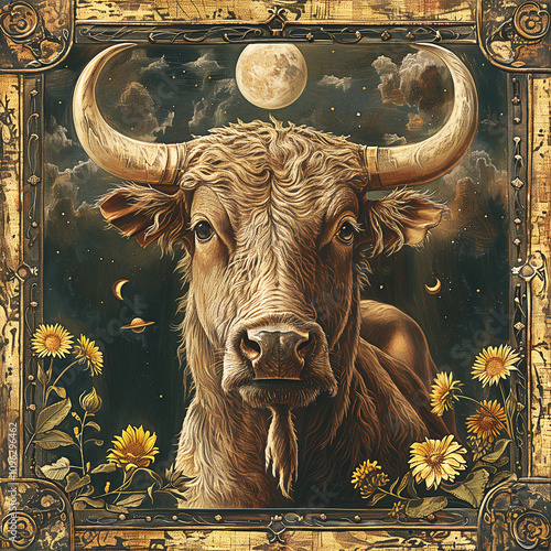 Medieval style Astrology illustration -  Zodiac earth sign Taurus