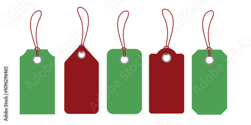 Set of Christmas sale green and red tags with strings in different shapes.