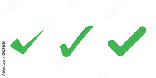 Set of green checkmark icons in various styles. Flat style isolated on white background.
