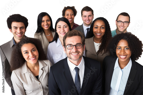 Group of smiling business interacial people in suits on transparent background. Groups of people in business attire. Rich man and women. Business leader. Startup boss. Isolated image. PNG cut out.