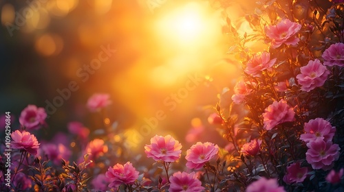 Bright summer wild rose pink flowers background with natural highlights and warm tones, perfect for cheerful themes