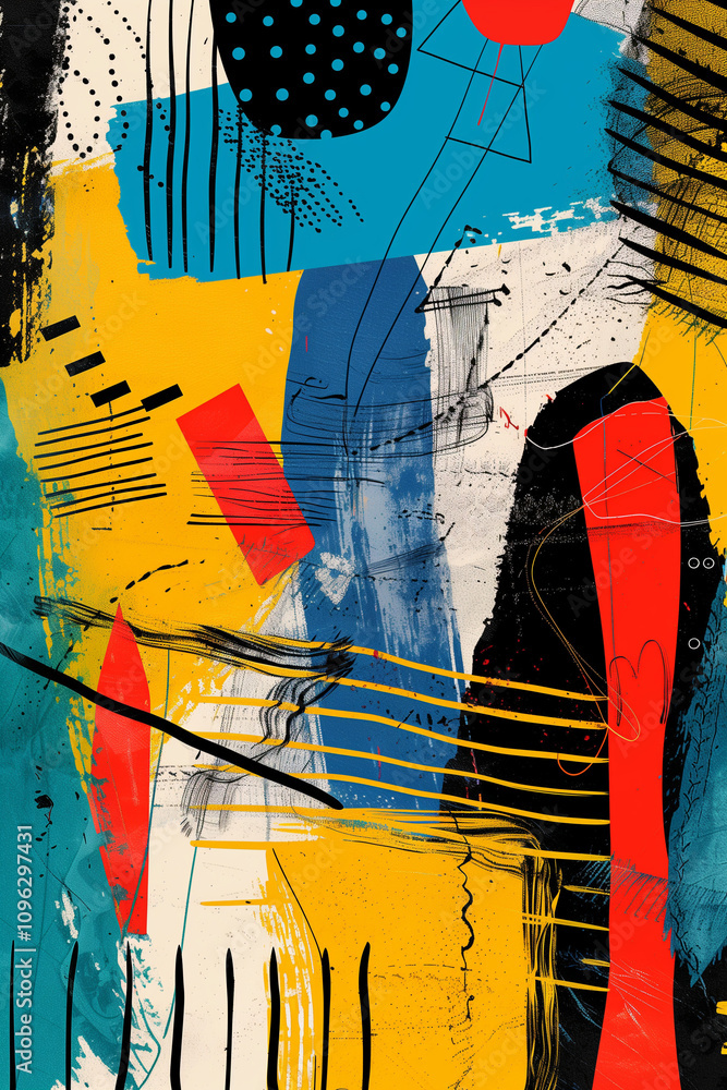 Obraz premium Hand-painted artistic collage in vivid primary colors, layered with abstract brushstrokes and whimsical doodles, ideal for bold poster designs. Generative AI tools