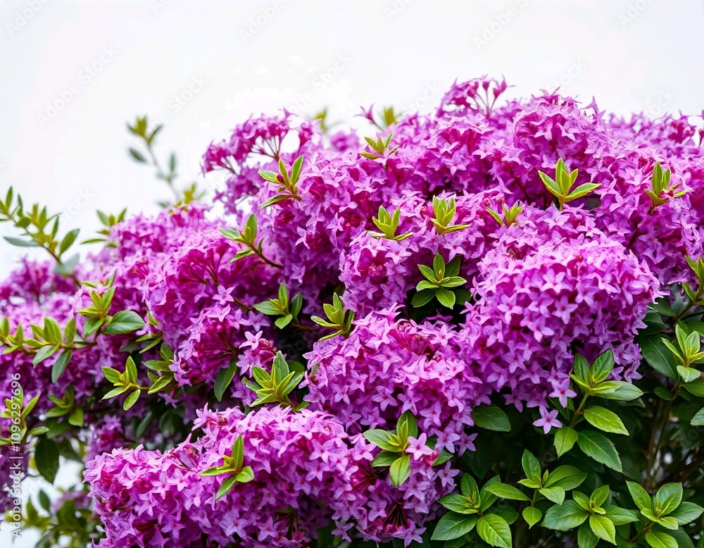 A lush, flowering bush with small purple flowers and green leaves, white background A lush, flowering bush with small purple flowers and green leaves, white background