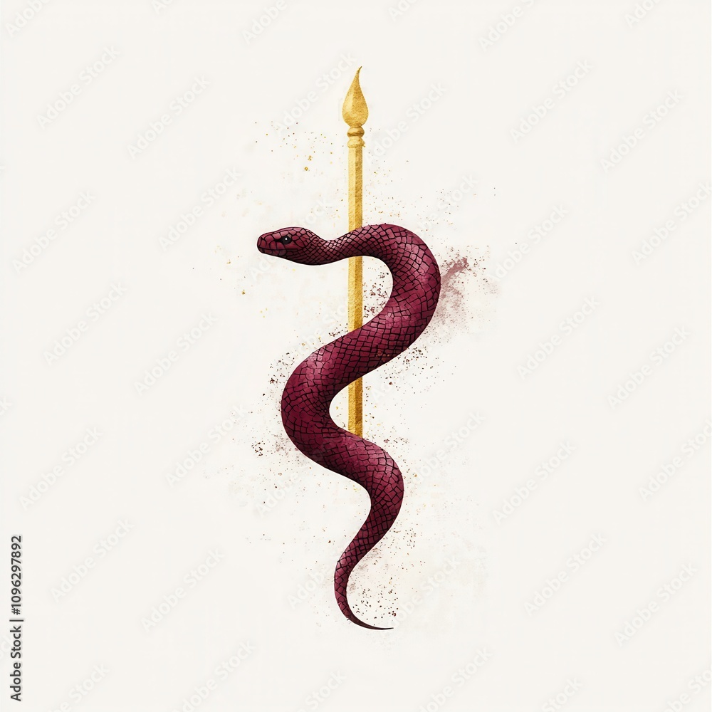 Fototapeta premium Lunar New Year watercolor element concept. Symbolic snake wrapped around a golden spear on a light background