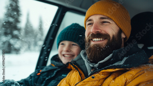 A joyful father and son enjoying a snowy winter adventure in a car.