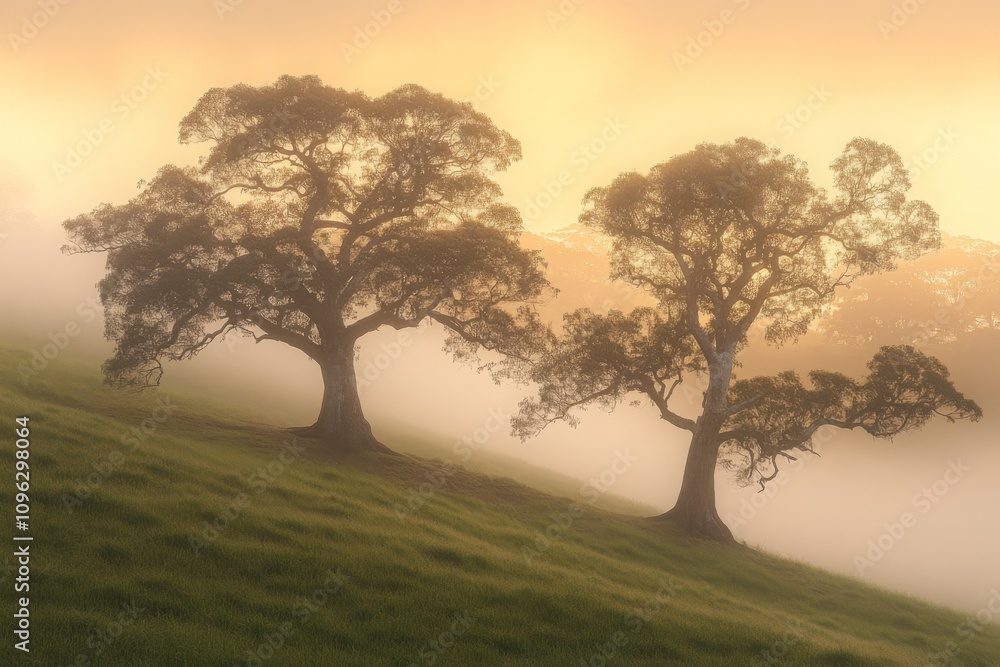 Fototapeta premium Serene Misty Landscape with Two Silhouetted Trees Against a Soft Golden Dawn Sky in a Peaceful Nature Setting Emphasizing Tranquility and Natural Beauty
