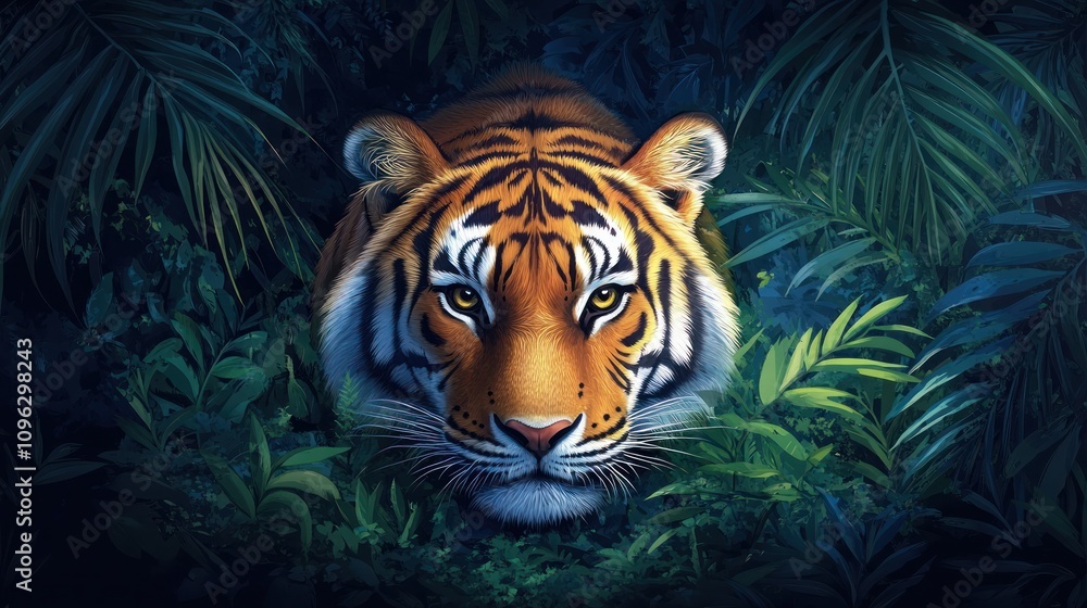 A tiger's face peeks out from the lush greenery of a jungle. A tiger's face peeks out from the lush greenery of a jungle.