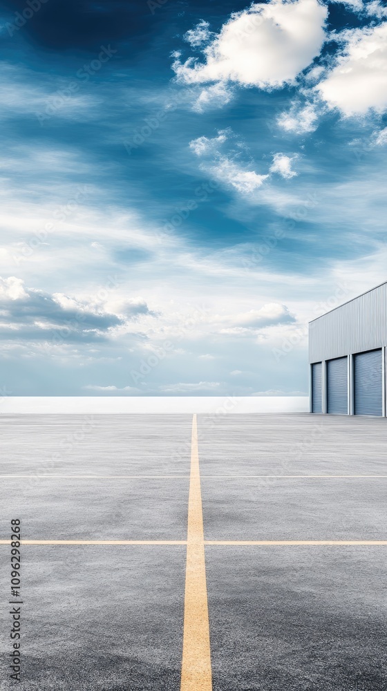 Obraz premium Industrial warehouse features gray exterior and garage doors, set against a bright blue sky, ideal for commercial storage purposes
