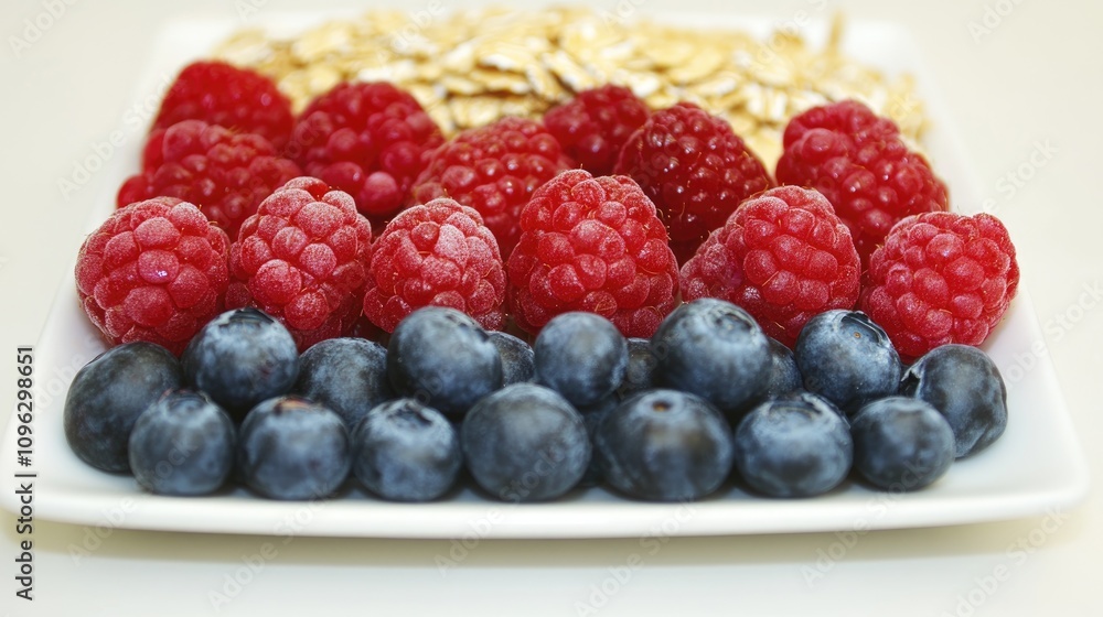 Overhead view of a white plate showcasing oat flakes with vibrant raspberries and blueberries artistically arranged in rows. Overhead view of a white plate showcasing oat flakes with vibrant raspberries and blueberries artistically arranged in rows.