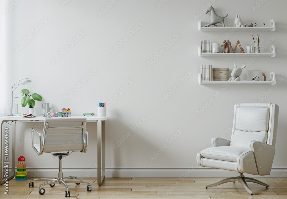 Fototapeta premium Minimalist home office with a white desk. chair. and armchair in a corner. wooden floor and shelves with decor. and a large blank wall for mockup