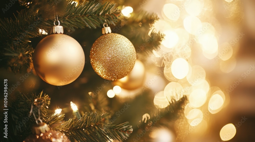 Elegant Christmas tree featuring golden ball ornaments with a blurred sparkling fairy light backdrop, creating a warm, festive atmosphere. Elegant Christmas tree featuring golden ball ornaments with a blurred sparkling fairy light backdrop, creating a warm, festive atmosphere.