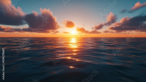 Calm sea with small ripples and a vibrant orange sunset glowing on the horizon