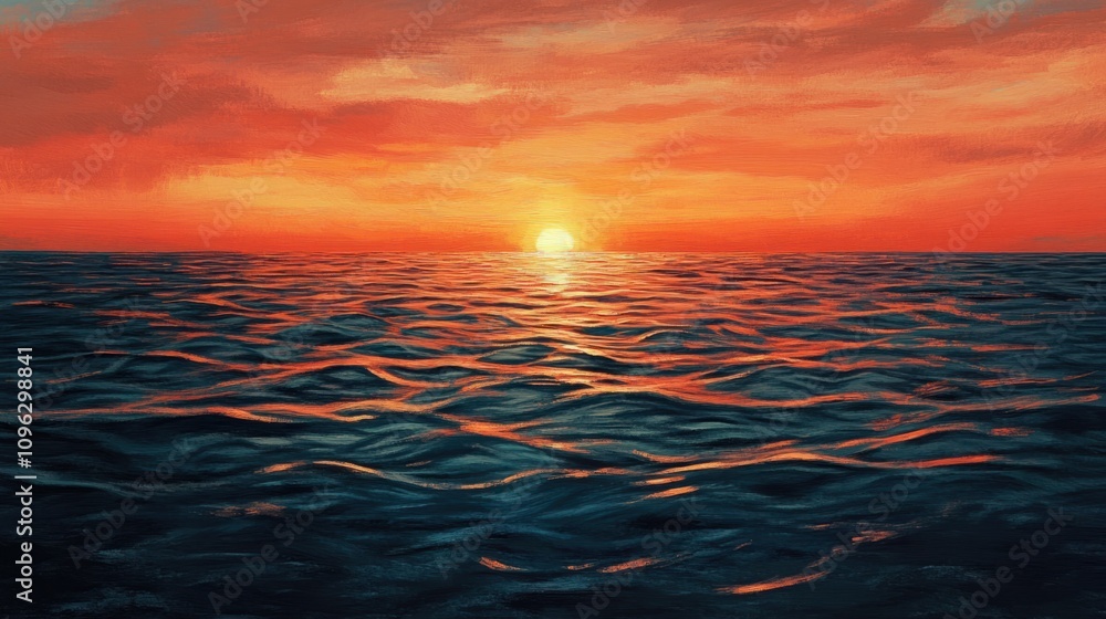 Calm sea with small ripples and a vibrant orange sunset glowing on the horizon Calm sea with small ripples and a vibrant orange sunset glowing on the horizon