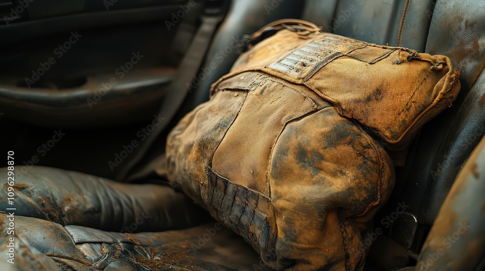 A dirty, worn airbag placed on an old leather car seat, symbolizing vehicle safety, aging interiors, and neglect in automotive maintenance. A dirty, worn airbag placed on an old leather car seat, symbolizing vehicle safety, aging interiors, and neglect in automotive maintenance.