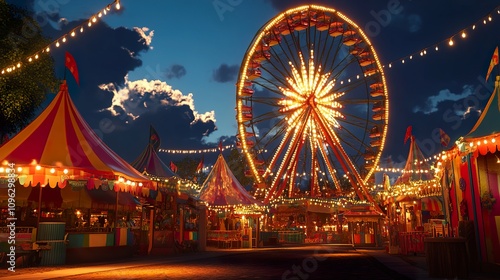 Illuminated Ferris wheel and carnival tents at night.