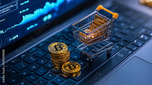 Cryptocurrency payment gateway for online retailers, featuring shopping cart filled with Bitcoin coins on laptop keyboard, symbolizing digital transactions and e commerce photo