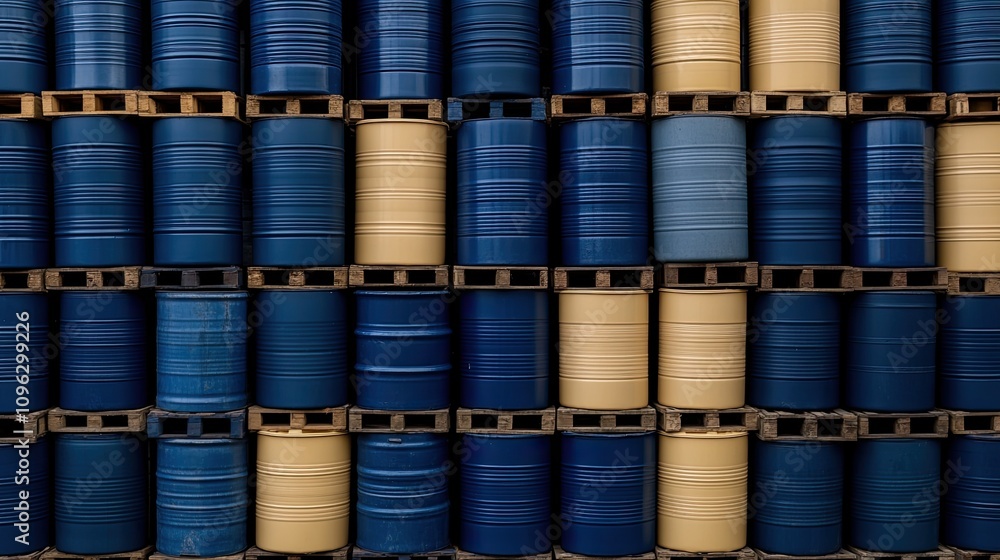 Close-up view of steel barrels including fuel and chemical storage on pallets in an industrial warehouse setting Close-up view of steel barrels including fuel and chemical storage on pallets in an industrial warehouse setting