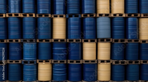 Close-up view of steel barrels including fuel and chemical storage on pallets in an industrial warehouse setting