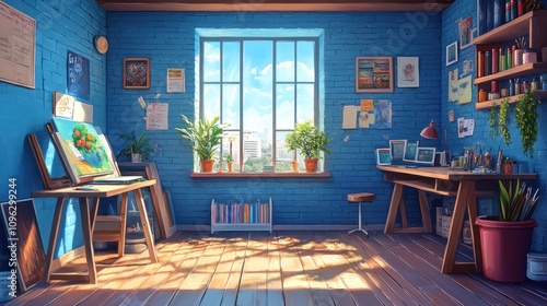 A bright and airy studio apartment with a large window overlooking the city, filled with art supplies and decorated with paintings and plants.