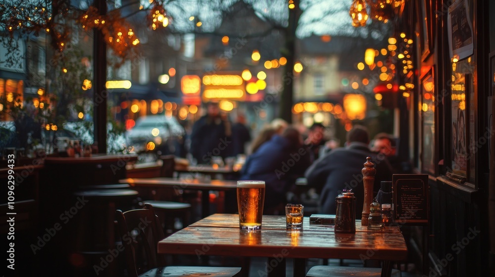 A pint of beer sits on a table at an outdoor cafe with people in the background and lights strung across the street. A pint of beer sits on a table at an outdoor cafe with people in the background and lights strung across the street.