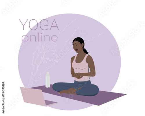 Young woman in sports or yoga clothes watching yoga classes online or recorded on laptop. Live streaming, online training, coaching. Vector illustration of home yoga and healthy lifestyle concept 