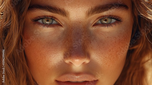 Close-up of a woman's face with freckles and intense gaze.