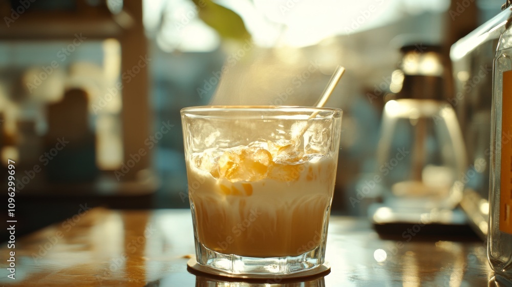 Iced Coffee with Milk and Ice Cubes on a Table Iced Coffee with Milk and Ice Cubes on a Table