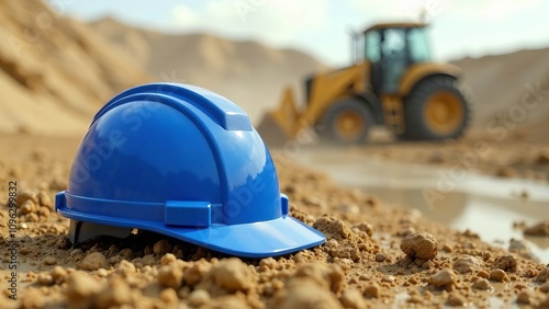 Protective construction helmet lies on ground against the background of tractor