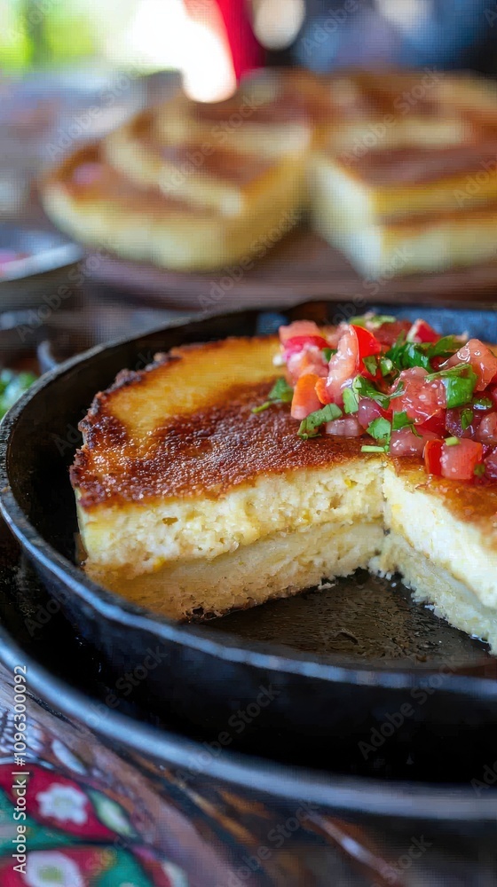 Savoring chilean pastel de choclo in a cast iron ramekin a culinary experience with fresh salsa and traditional earthen aesthetics Savoring chilean pastel de choclo in a cast iron ramekin a culinary experience with fresh salsa and traditional earthen aesthetics