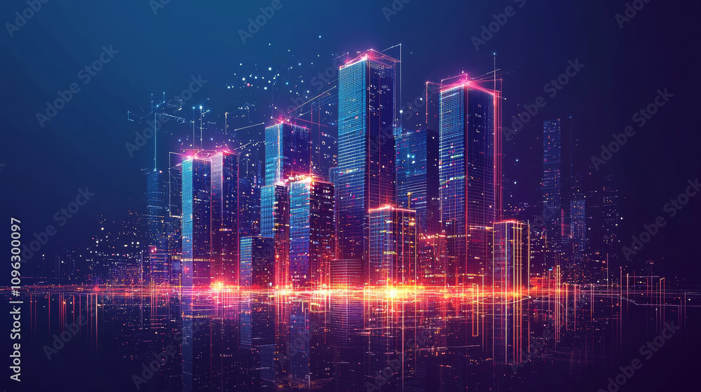 Futuristic city skyline with glowing skyscrapers and digital effects, representing innovation and technology in urban development Futuristic city skyline with glowing skyscrapers and digital effects, representing innovation and technology in urban development