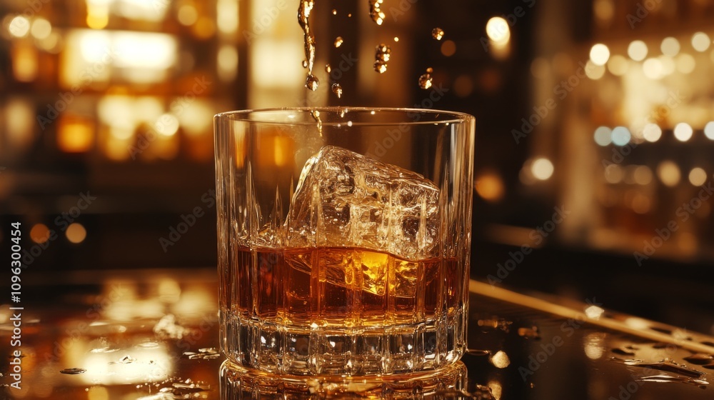 Glass of Whiskey with Ice on a Bar Counter with Warm Lighting Glass of Whiskey with Ice on a Bar Counter with Warm Lighting
