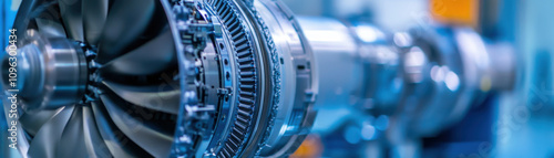 High tech turbine engine showcasing intricate design and engineering. image captures precision and innovation in aerospace technology, highlighting advanced components and materials used in modern