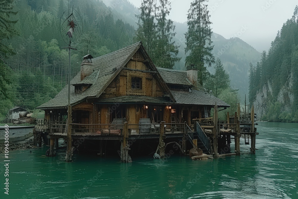 Fototapeta premium Serene lakeside retreat mountain valley architecture tranquil environment scenic view escape the everyday