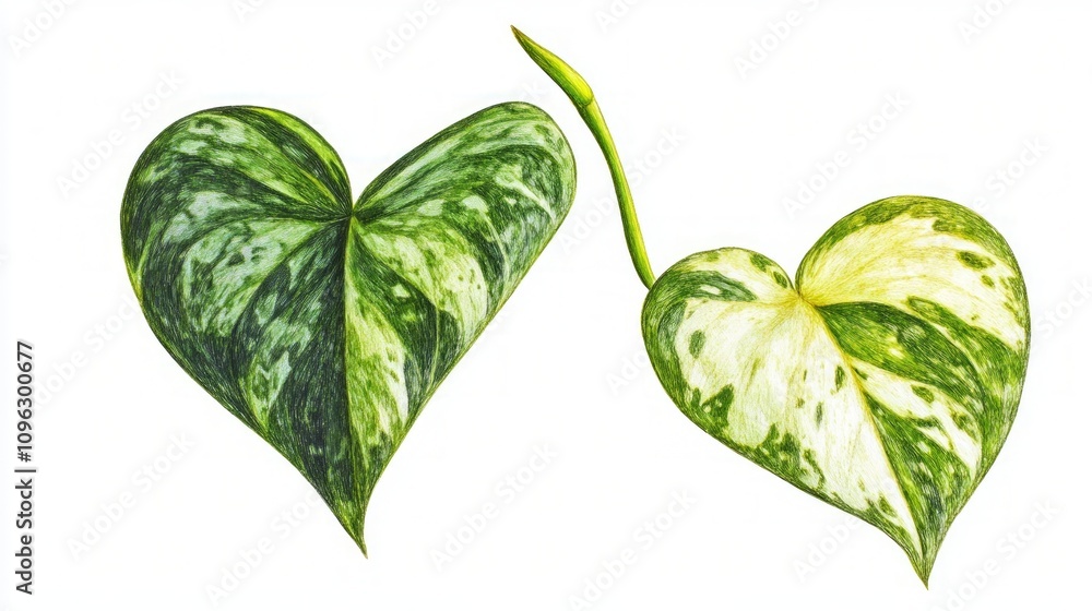 Heart-Shaped Plant Leaf, Detailed Botanical Illustration Heart-Shaped Plant Leaf, Detailed Botanical Illustration
