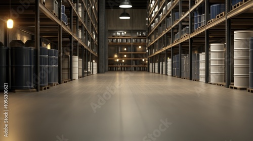 Wallpaper Mural Brightly lit warehouse displays high shelves filled with blue plastic barrels and white metal drums, emphasizing storage and organization Torontodigital.ca